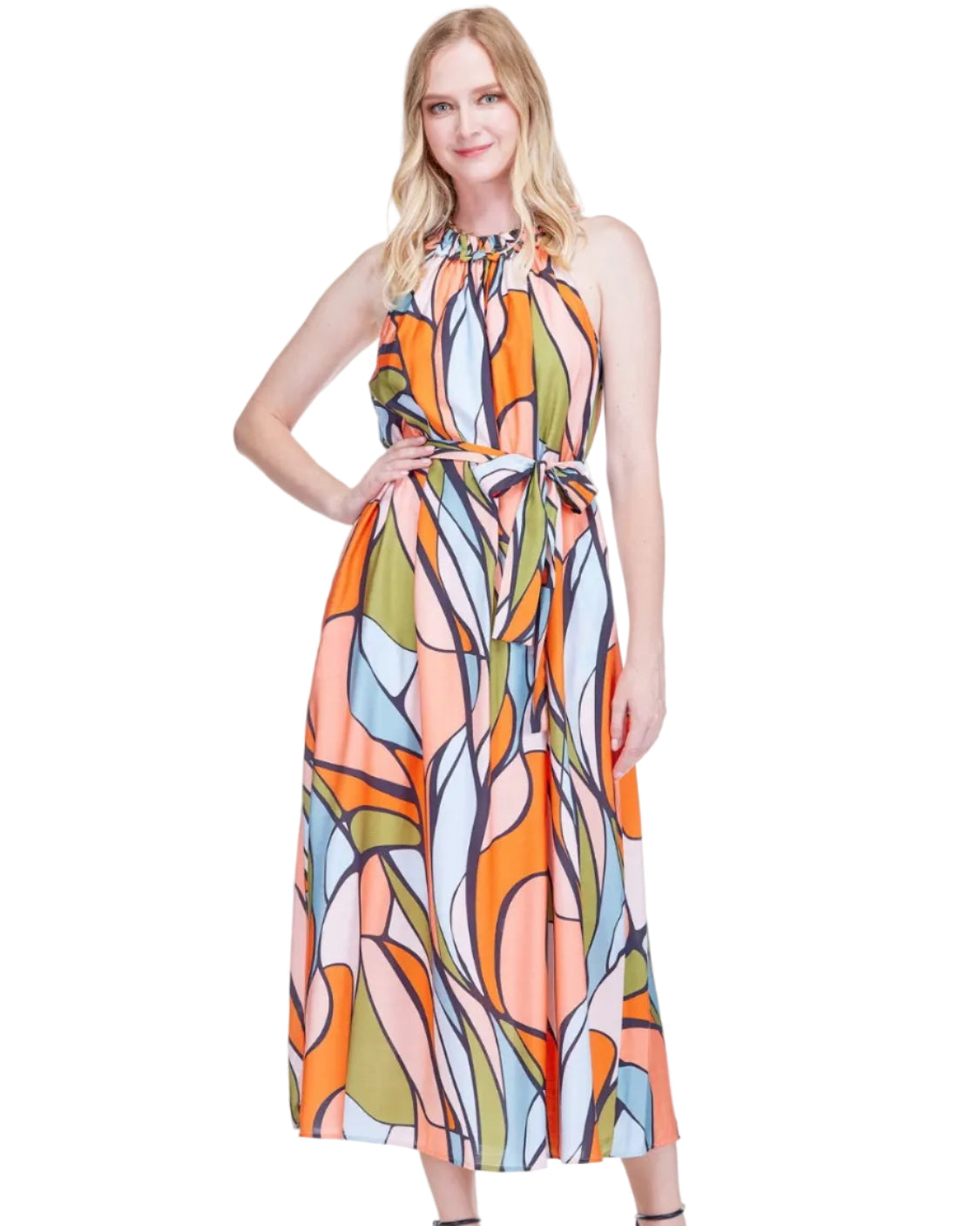 Stitched Neck Halter Midi by JADE featuring vibrant abstract print, from Women's Dresses & Jumpsuits collection