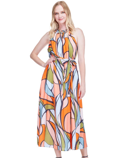 Stitched Neck Halter Midi by JADE featuring vibrant abstract print, from Women's Dresses & Jumpsuits collection