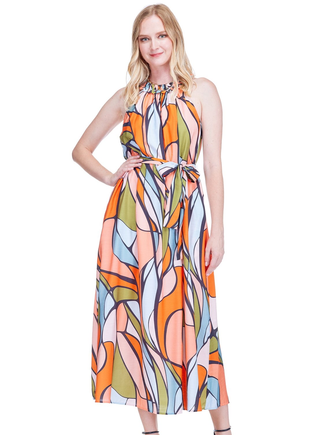 Stitched Neck Halter Midi in vibrant orange, olive, and blue abstract print by JADE, HCO boutique