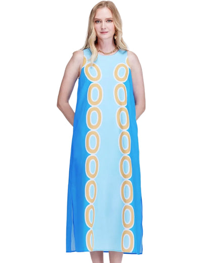 Column Midi - Blue Links by JADE with geometric blue and tan oval pattern, Women's Dresses & Jumpsuits