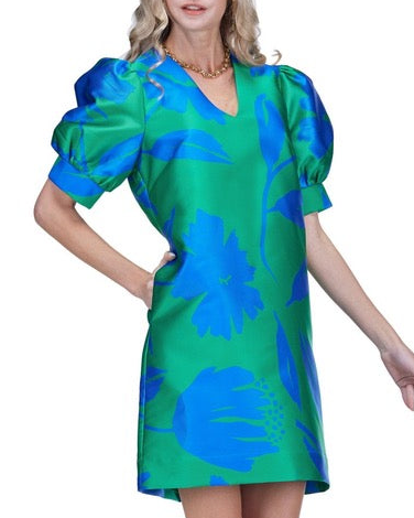 V-Neck Puff Sleeve Dress - Green Floral Brocade