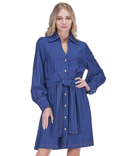 Collar Waist Pleated Shirtdress - Denim