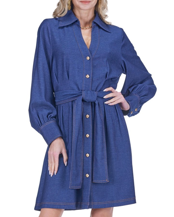 Collar Waist Pleated Shirtdress - Denim