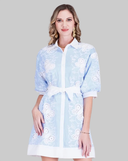 Shirt Dress - Butterfly Embroidery in blue and white by JADE, curated Women's Dresses & Jumpsuits HCO Jade