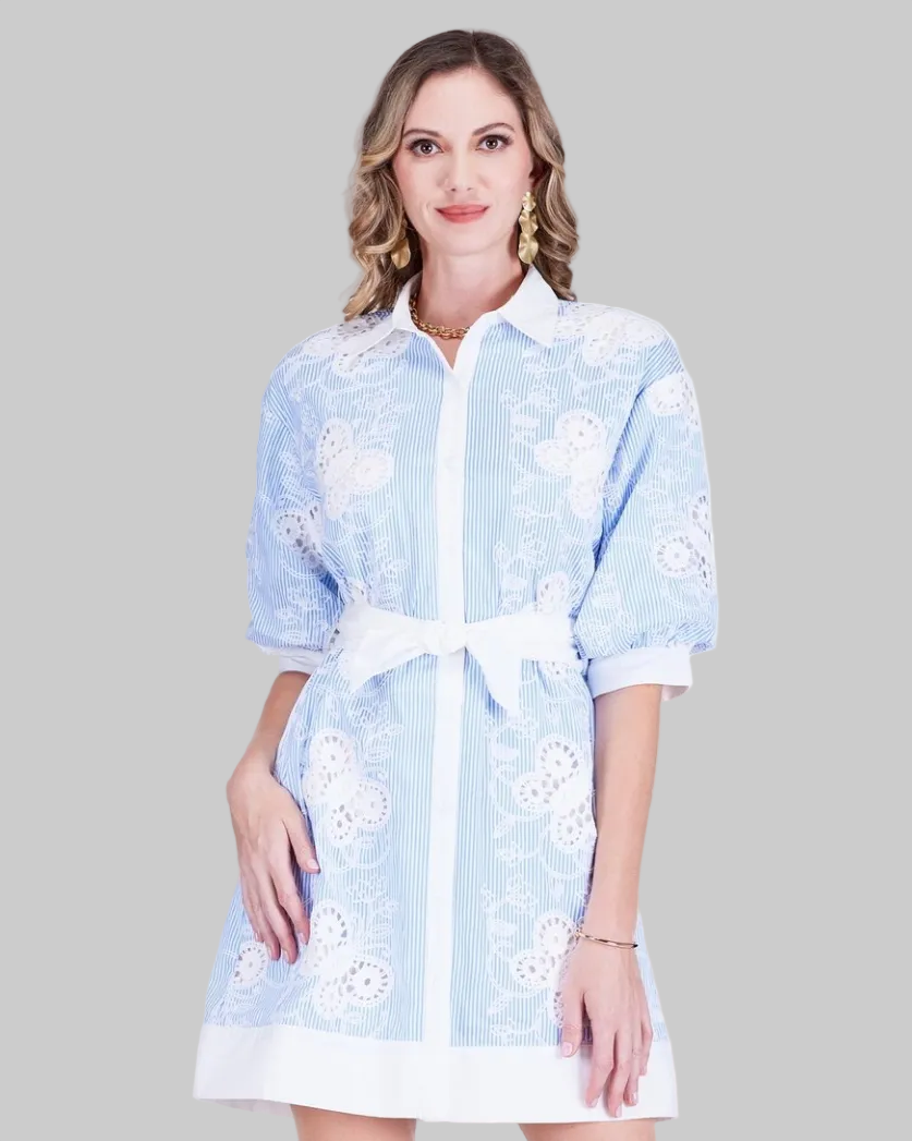 Shirt Dress - Butterfly Embroidery in blue and white by JADE, curated Women's Dresses & Jumpsuits HCO Jade