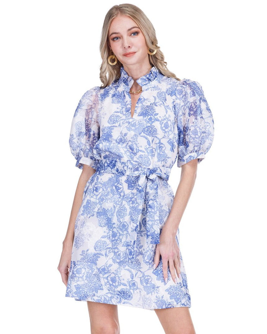 Collar Chemise Dress - Indigo Flower
