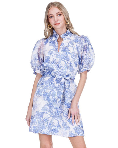 Collar Chemise Dress - Indigo Flower