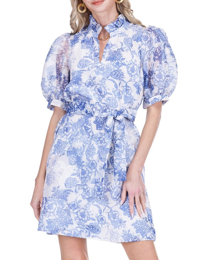 Collar Chemise Dress - Indigo Flower