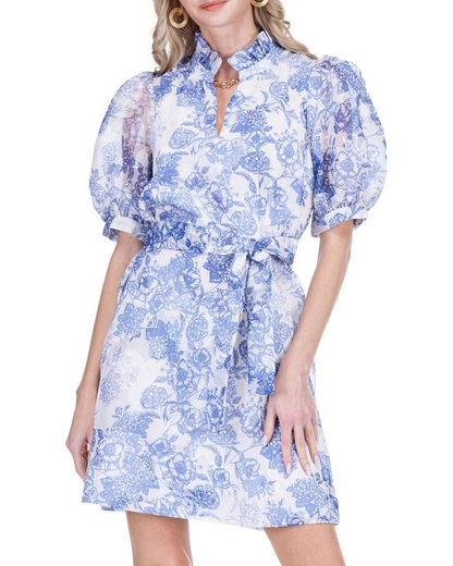 Collar Chemise Dress - Indigo Flower