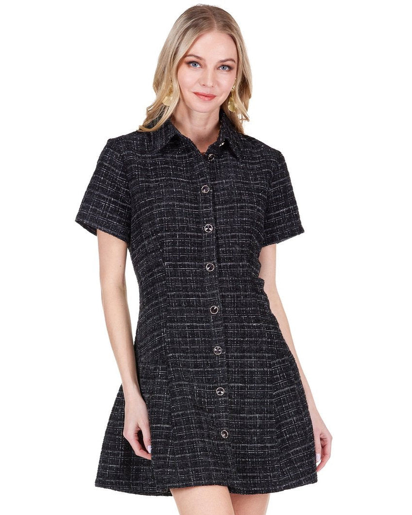 Pleated Hem Buttons Dress in black checkered by JOY JOY, lightweight and stylish, Fredericksburg TX