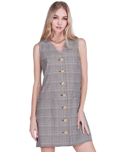 V-Neck Buttons Fitted Dress - Plaid in beige checkered, sleeveless tailored dress by JOY JOY