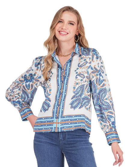 Scarf Puff Sleeve Blouse - Blue Saffron