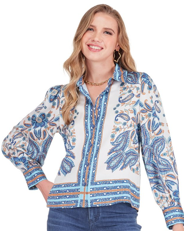 Scarf Puff Sleeve Blouse - Blue Saffron