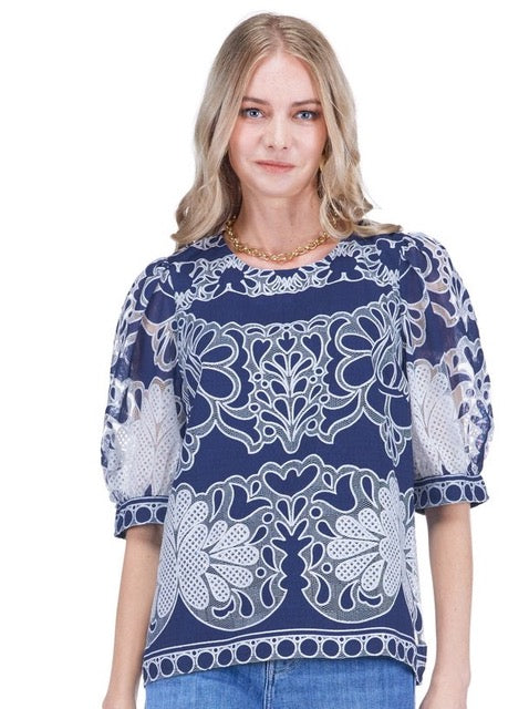 Puff Sleeve Top - Navy Petal Lace