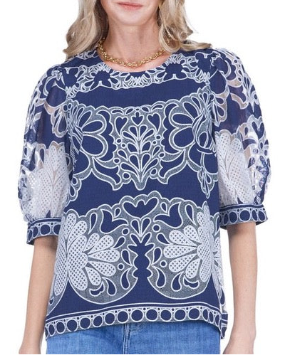 Puff Sleeve Top - Navy Petal Lace