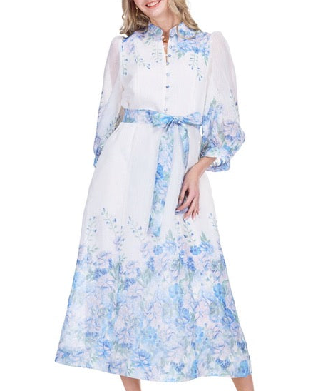 Stand Collar A-Line 50" Dress - Blue Wildflower
