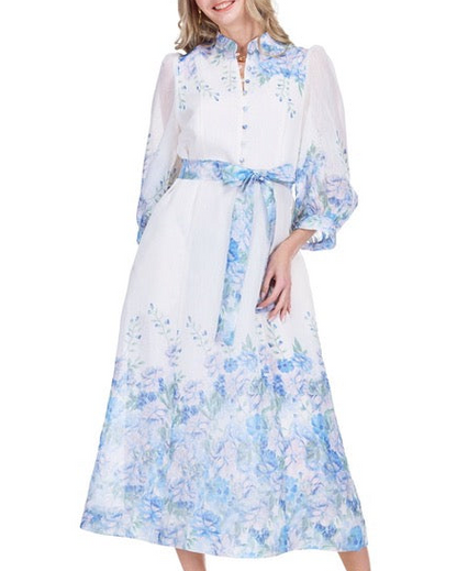 Stand Collar A-Line 50" Dress - Blue Wildflower