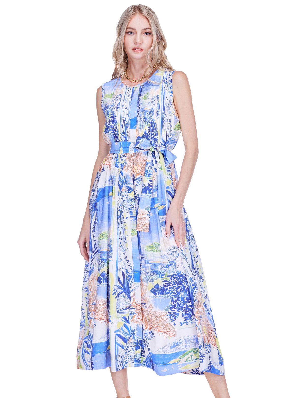 Mini Pleated Midi - Isle in breathable linen-cotton blend with colorful nature-inspired print