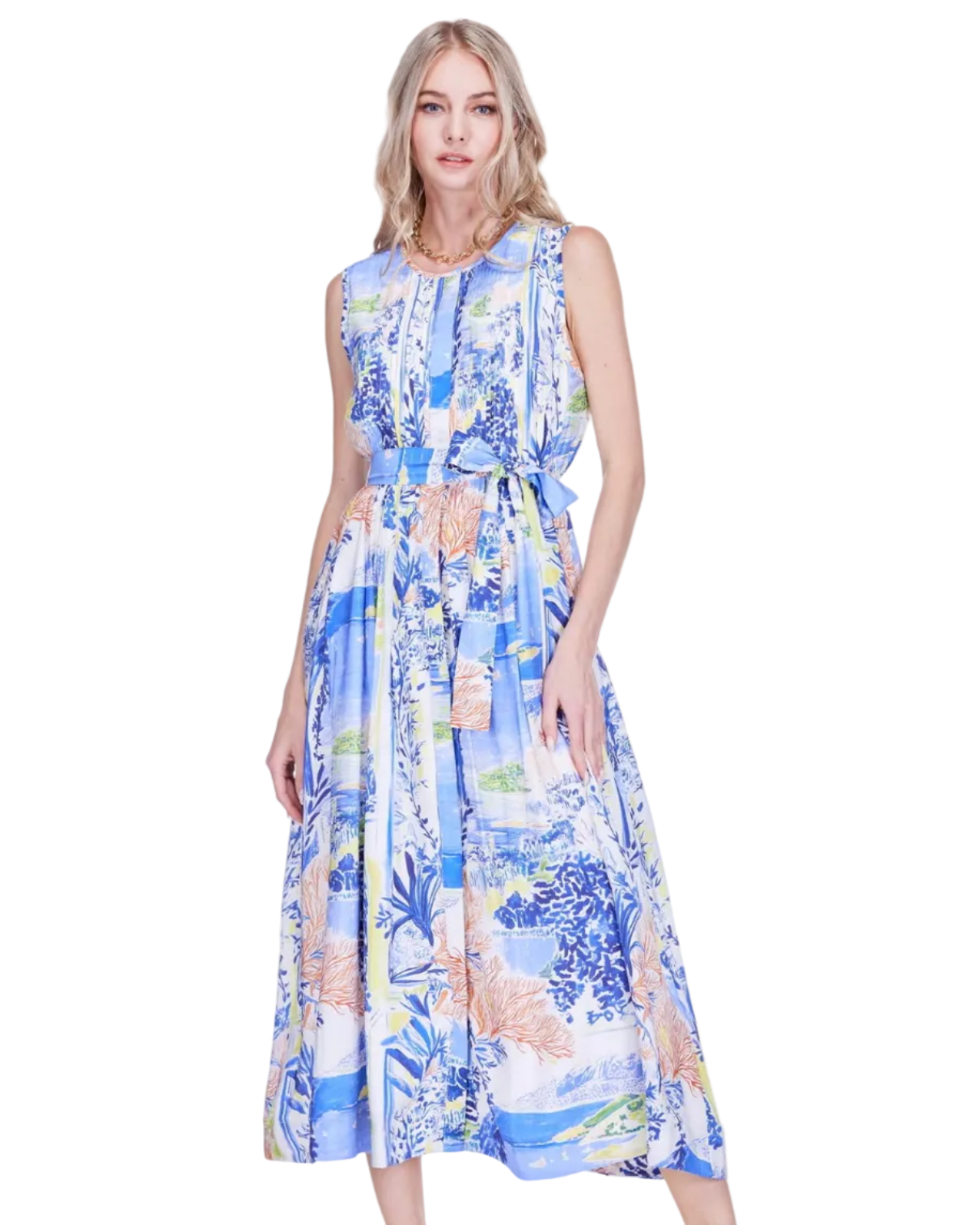 Mini Pleated Midi - Isle in breathable linen-cotton blend with pastel nature print, JOY JOY style