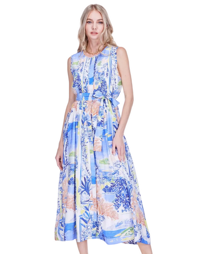 Mini Pleated Midi - Isle in breathable linen-cotton blend with pastel nature print, JOY JOY style