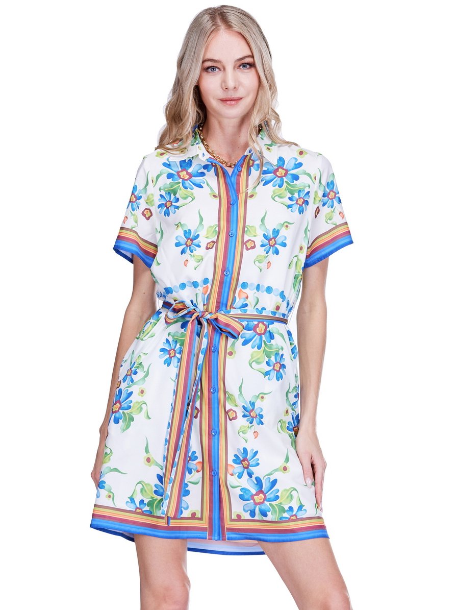 Short Sleeve Shirtdress - Meadow Frame with floral white print and rainbow trim by JOY JOY, HCO collection