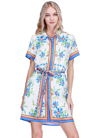 Short Sleeve Shirtdress - Meadow Frame with floral white print and rainbow trim by JOY JOY, HCO collection