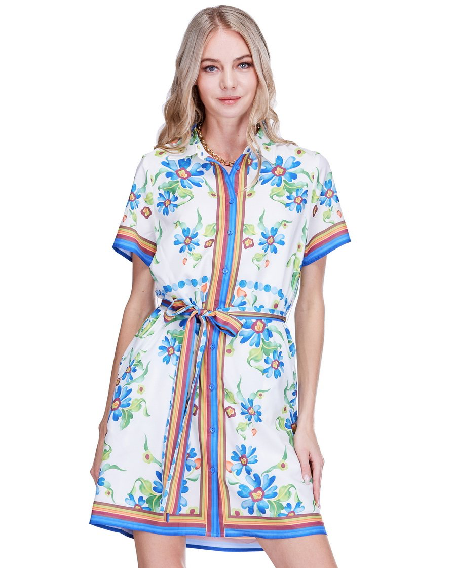 Short Sleeve Shirtdress - Meadow Frame with floral white print and striped trim by JOY JOY