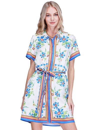 Short Sleeve Shirtdress - Meadow Frame with floral white print and striped trim by JOY JOY