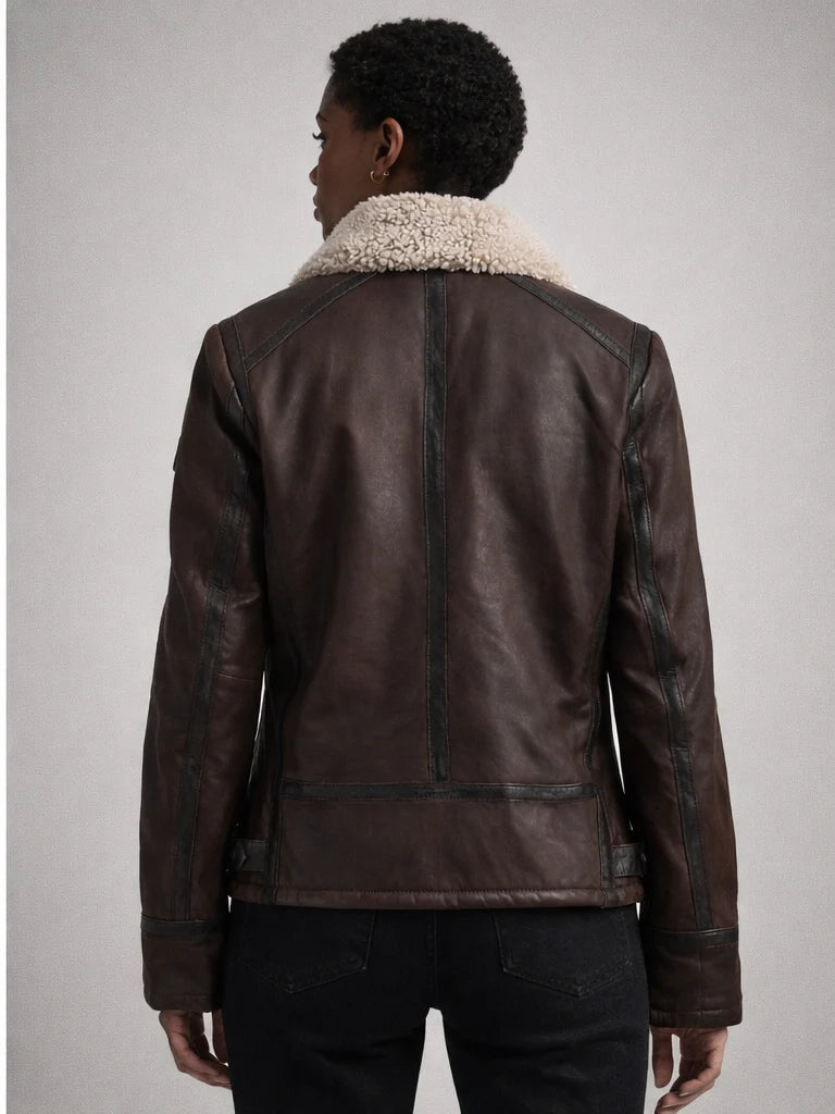 Juneau Cf rich brown leather jacket with shearling collar from MAURITIUS Women's Jackets collection