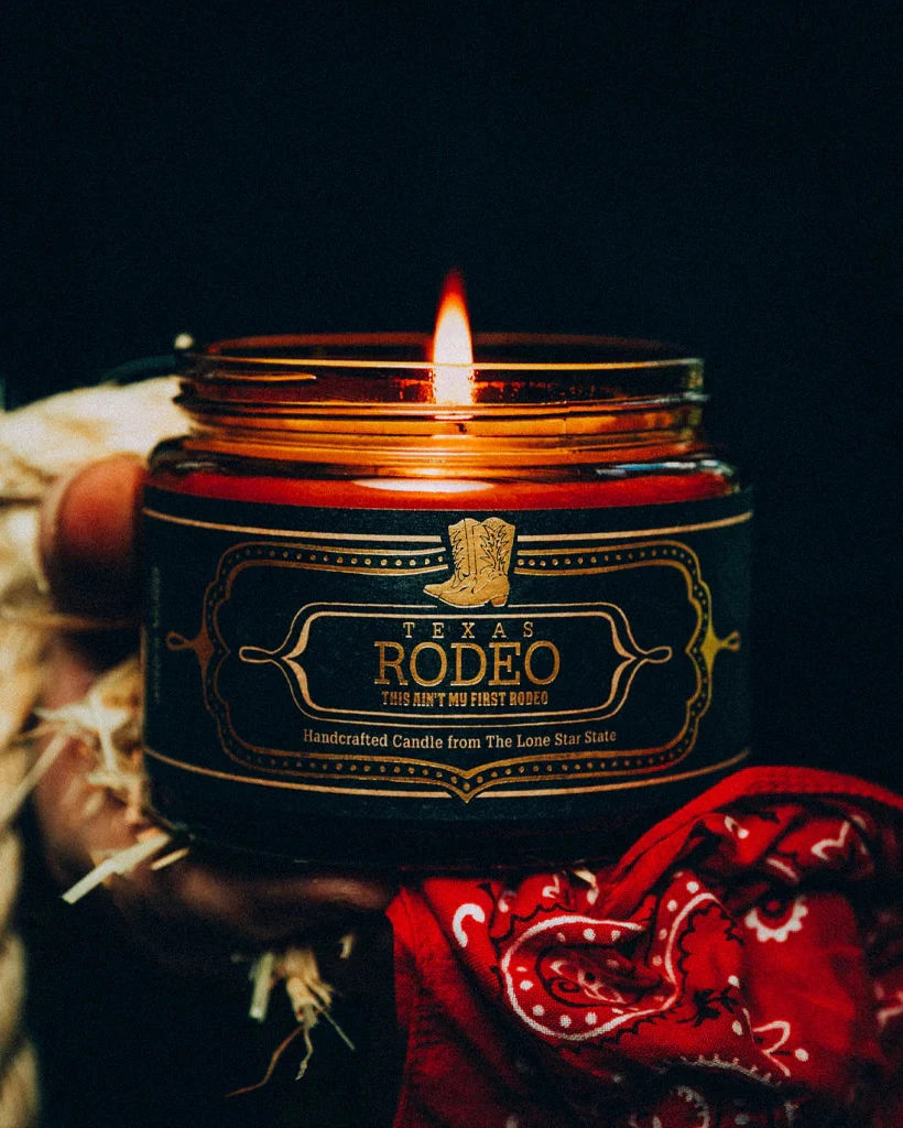 Candle in a 'Texas Rodeo' jar with a red bandana 