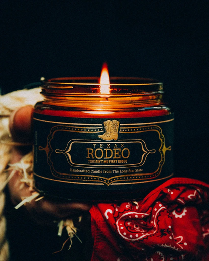 Candle in a 'Texas Rodeo' jar with a red bandana 