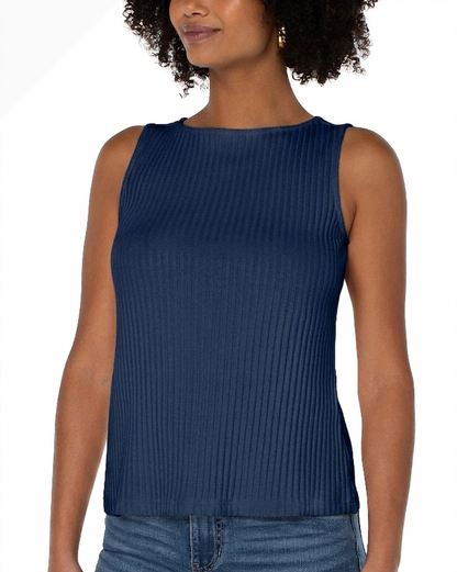 Sleeveless Boat Neck Rib Knit Top - Club Navy