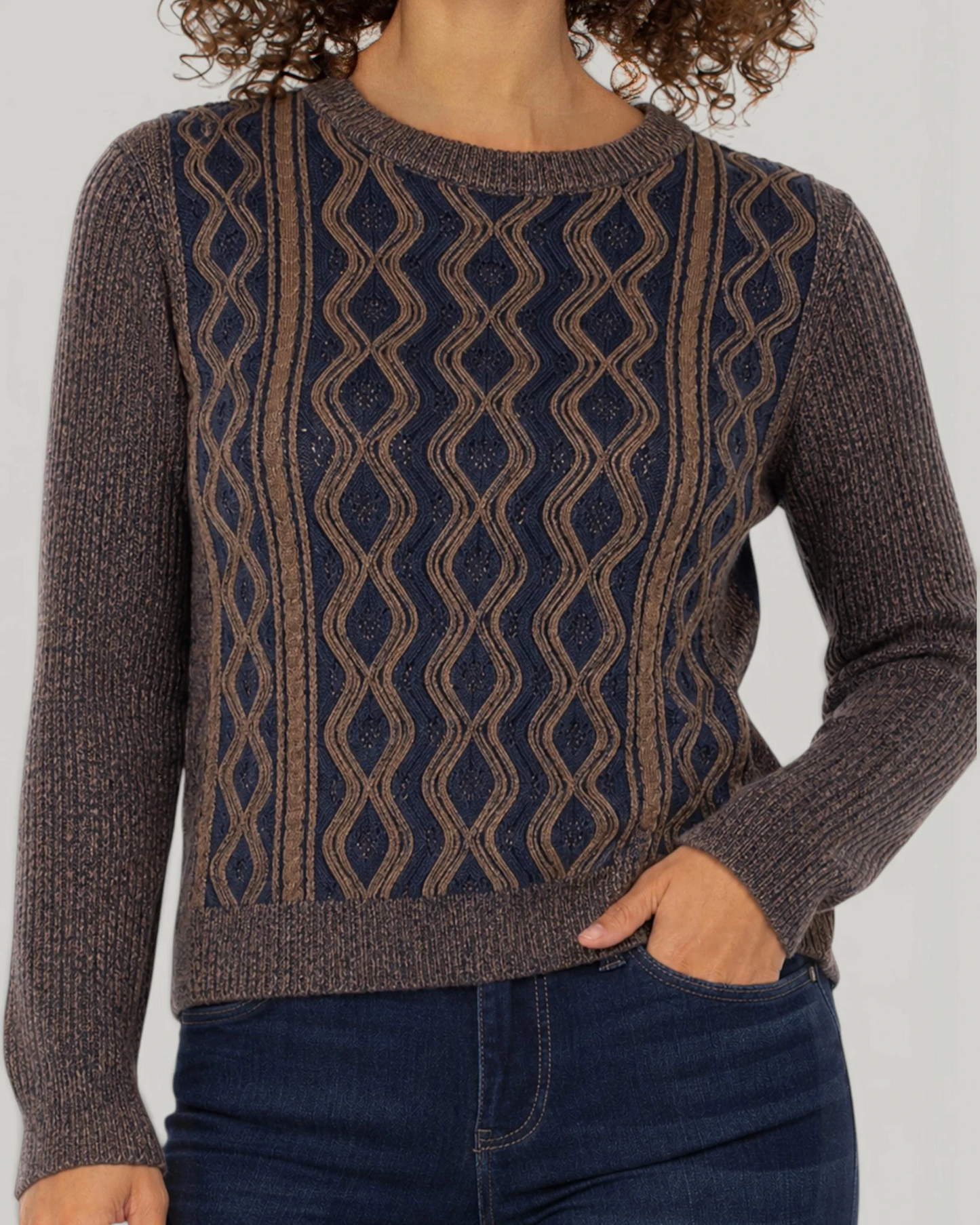 Long Sleeve Crew Neck Sweater in geometric navy by LIVERPOOL LOS ANGELES