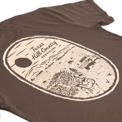 Makin' Hay Tee in brown with Texas Hill Country art by Hill Country Provisions, wrinkle resistant