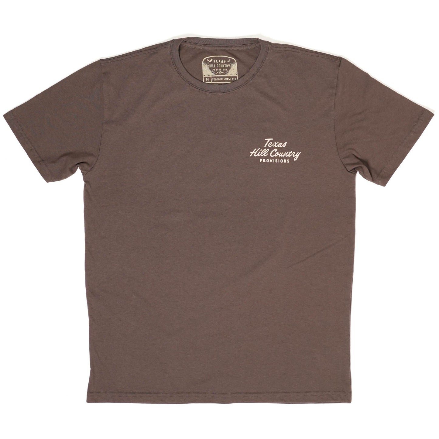 Makin' Hay Tee in brown with Texas Hill Country Provisions logo, wrinkle resistant cotton blend
