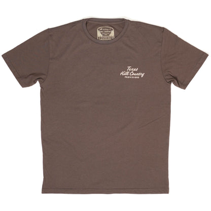 Makin' Hay Tee in brown with Texas Hill Country Provisions logo, wrinkle resistant cotton blend