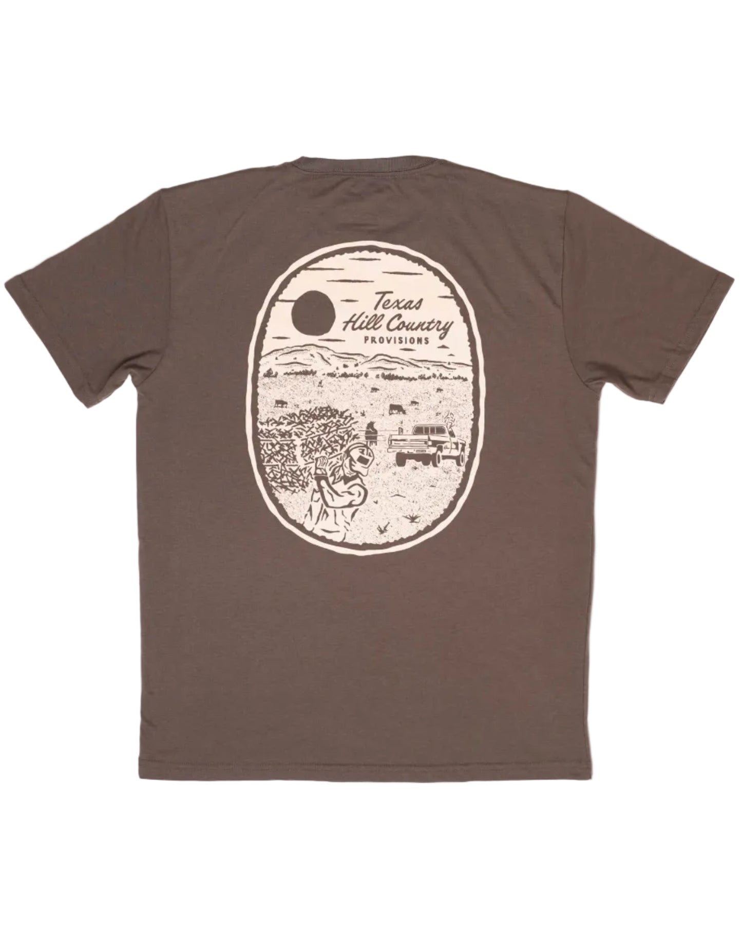 Makin' Hay Tee in brown with Texas Hill Country Provisions artwork, wrinkle resistant cotton blend