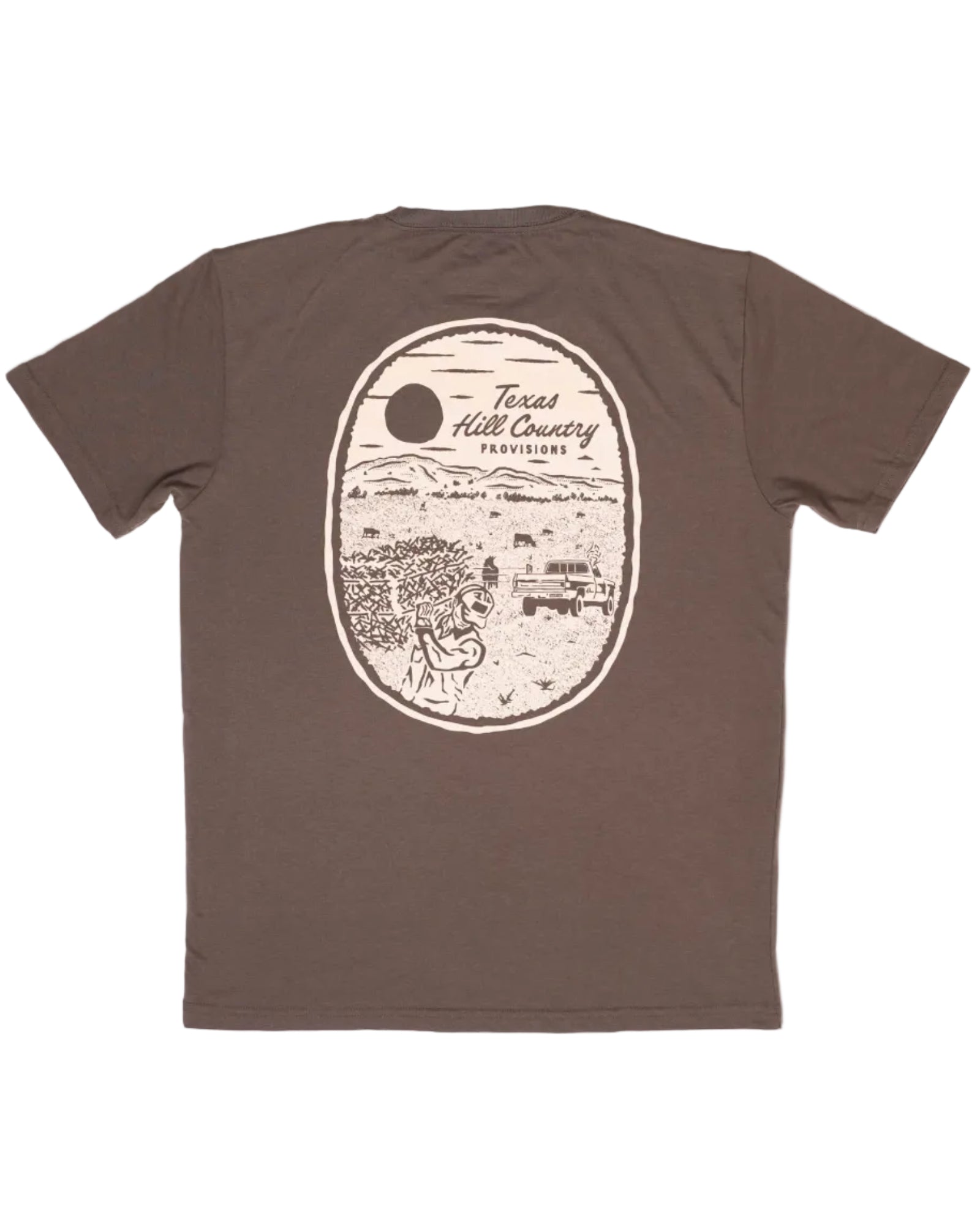 Makin' Hay Tee in brown with Texas Hill Country Provisions artwork, wrinkle resistant cotton blend