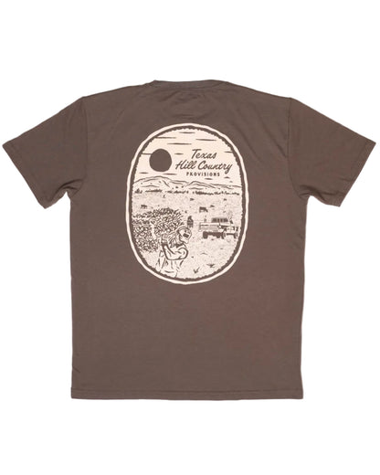 Makin' Hay Tee in brown with Texas Hill Country Provisions artwork, wrinkle resistant cotton blend