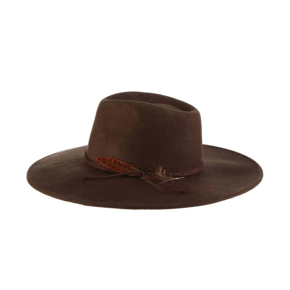 Marin Big Brim Safari brown wool felt hat with vegan suede band and feather detail