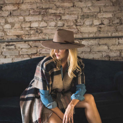 Marin Big Brim Safari brown wool felt hat with vegan suede band, styled in Fredericksburg