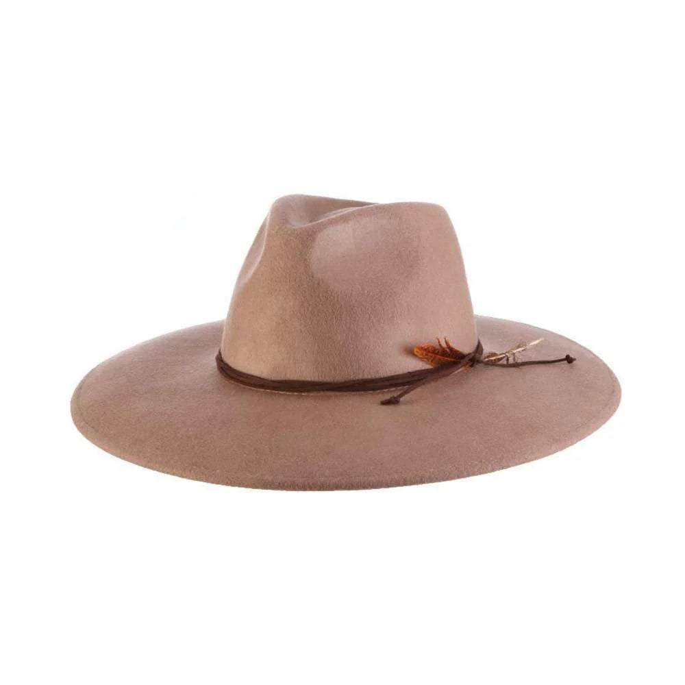Marin Big Brim Safari brown wool felt hat with 4" flat brim and vegan suede band