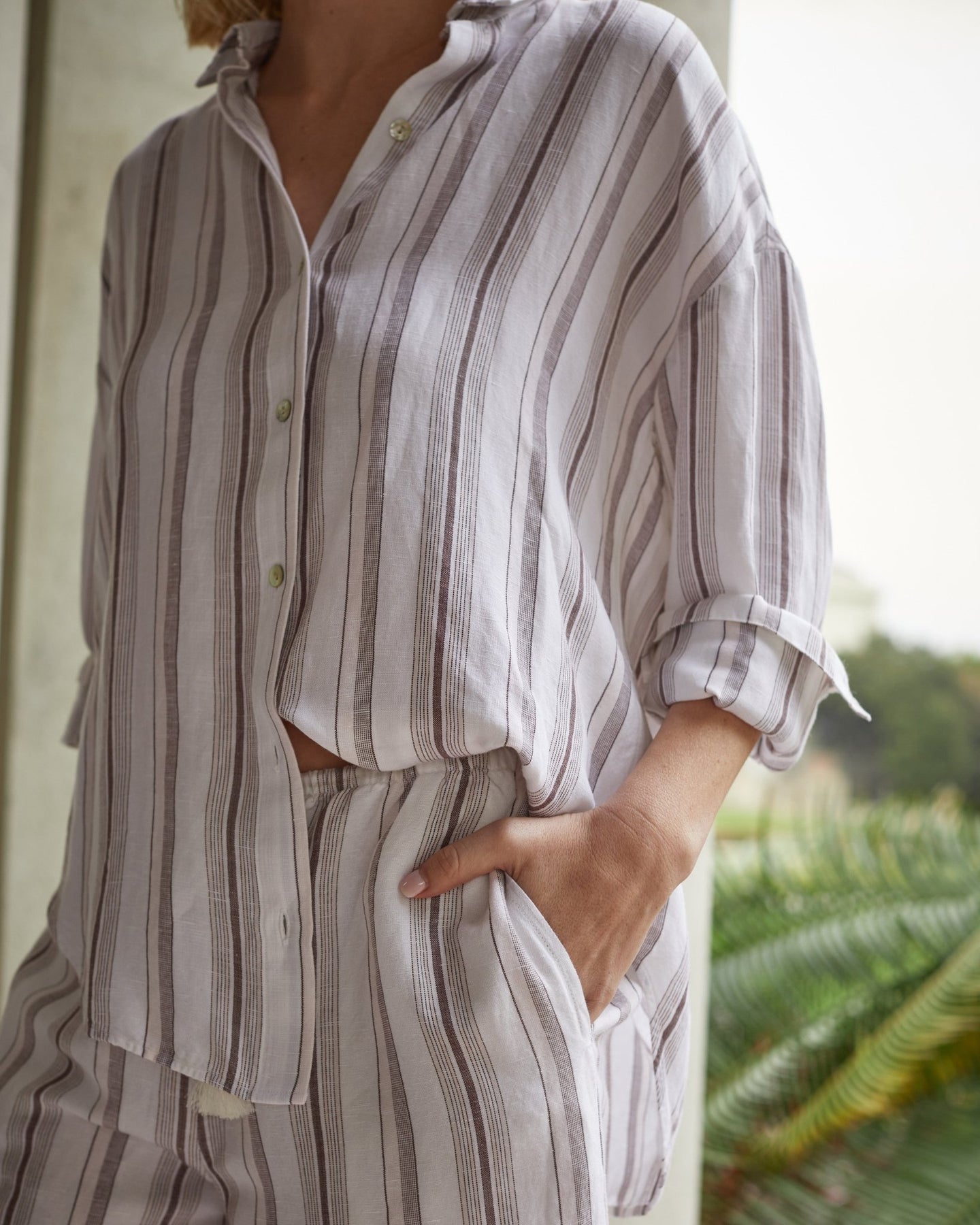Oversized Clean Shirt - Rosewood Stripe in linen blend with relaxed fit by BELLA DAHL at HCO
