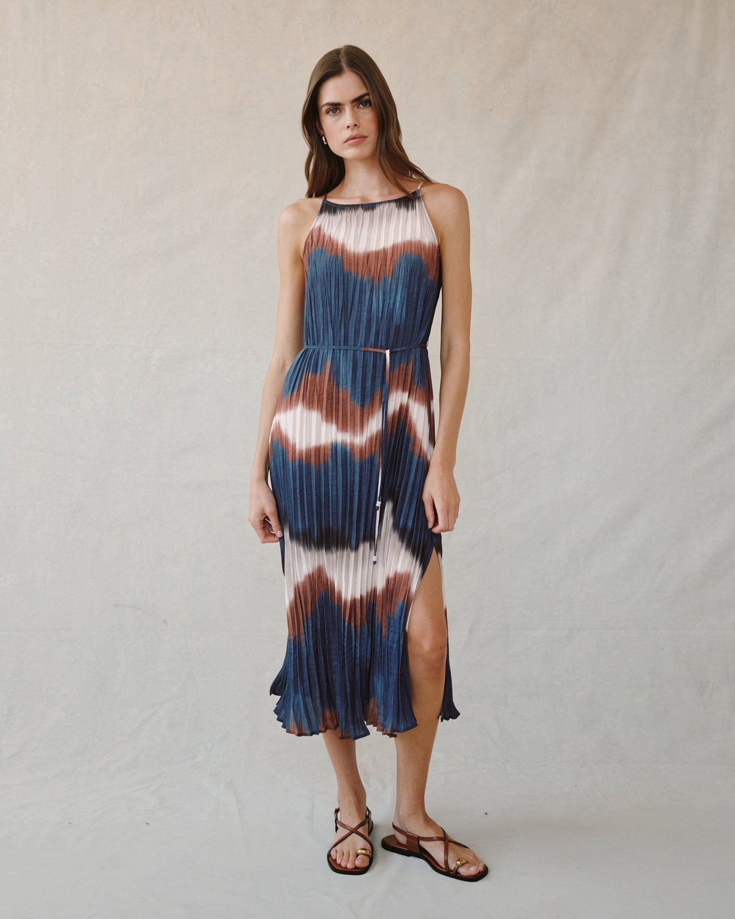 Pleated Midi Dress W/Side Slits