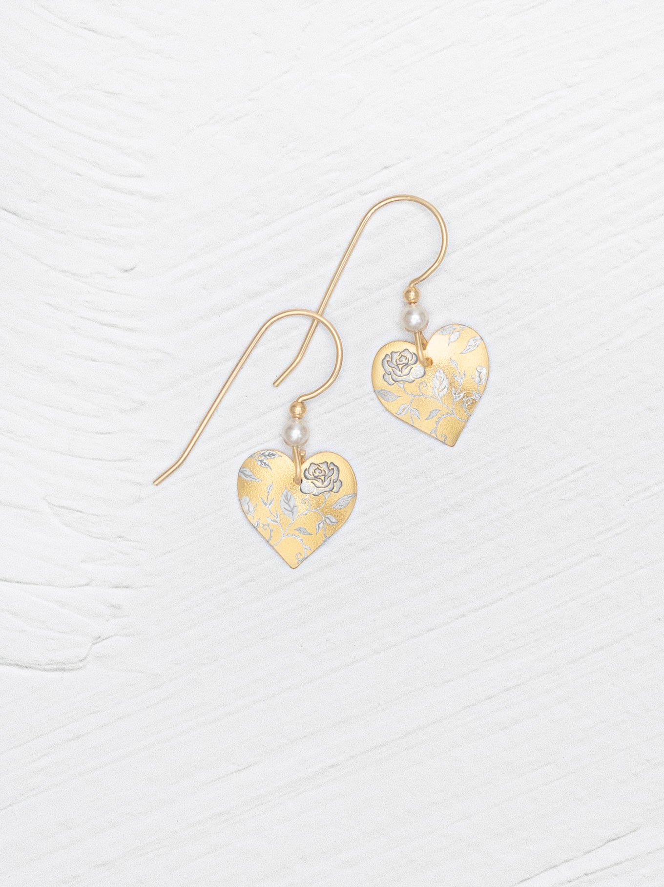 Buddin Heart Earrings - Gold with floral pattern and pearl drop by HOLLY YASHI Women's Jewelry HCO