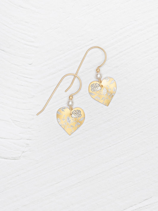 Buddin Heart Earrings - Gold with floral pattern and pearl drop by HOLLY YASHI Women's Jewelry HCO