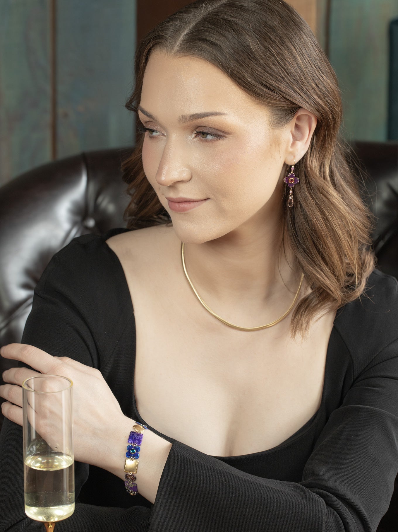 Octavia Earrings - Royal Purple floral with crystal and pearl drop by HOLLY YASHI Women's Jewelry HCO