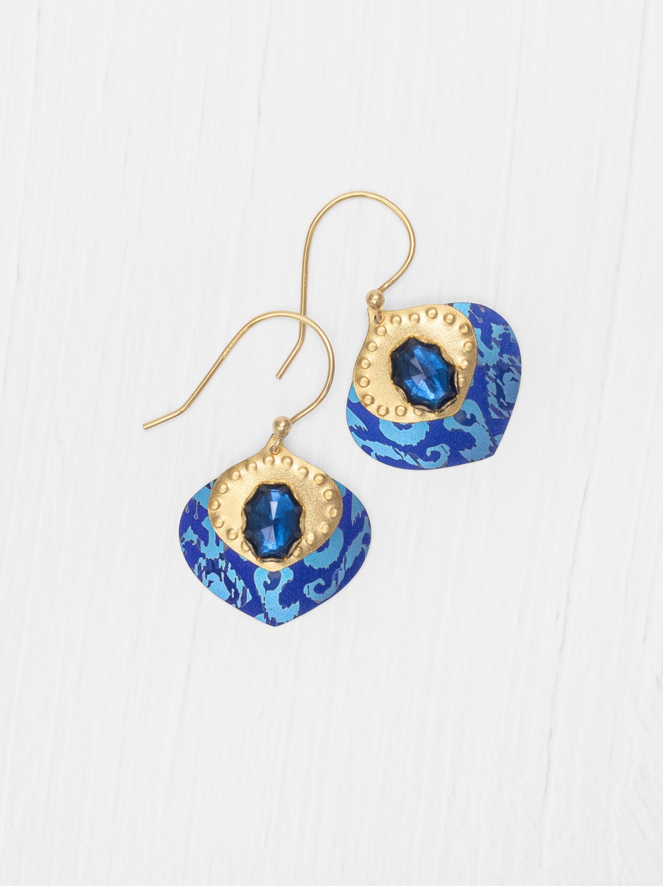 Arabella Earrings - Saphire Blue with hammered gold and jewel-tone pattern by HOLLY YASHI Women's Jewelry HCO