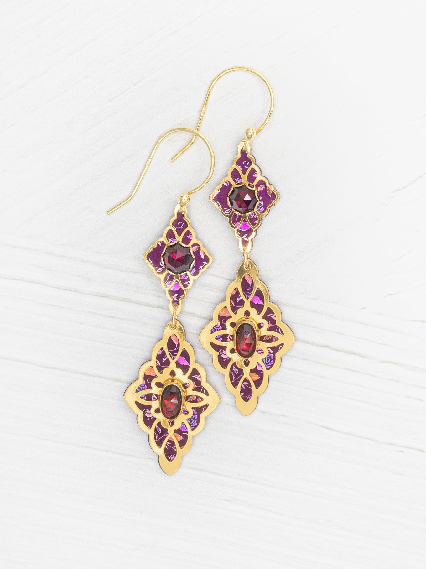 Esmeralda Earrings - Garnet with intricate gold and floral niobium by HOLLY YASHI Women's Jewelry HCO