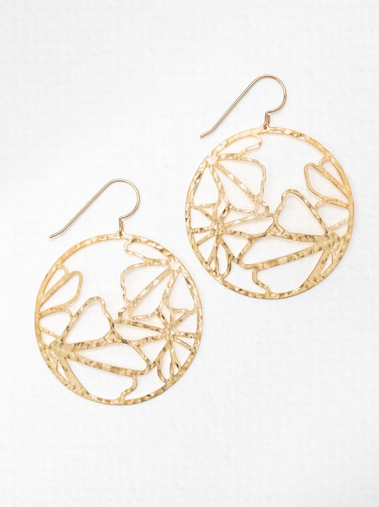 Goldie Earrings - hammered gold floral pattern dangle, handcrafted by HOLLY YASHI, Women's Jewelry HCO